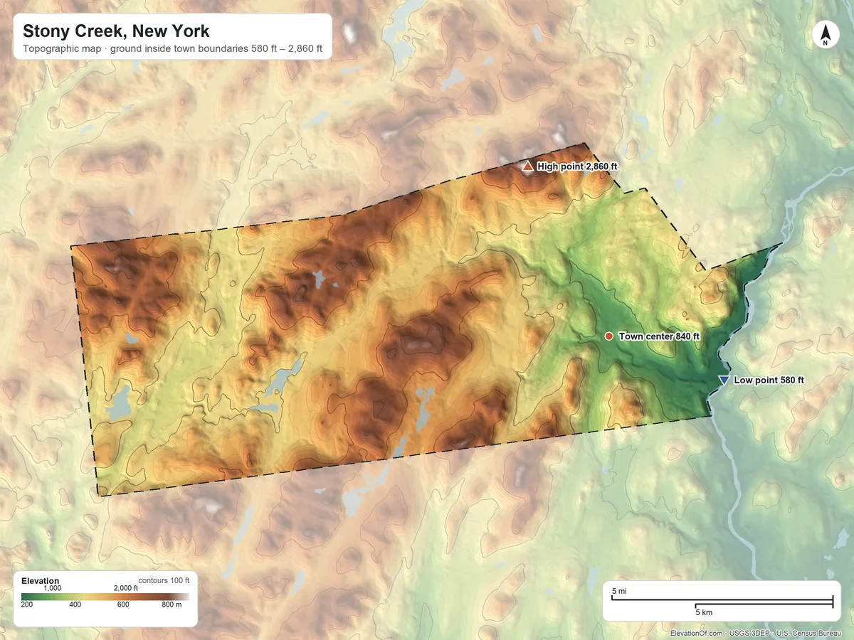 Topographic elevation map of Stony Creek, New York, shaded from 580 ft on the east side to 2,860 ft on Baldhead Mountain