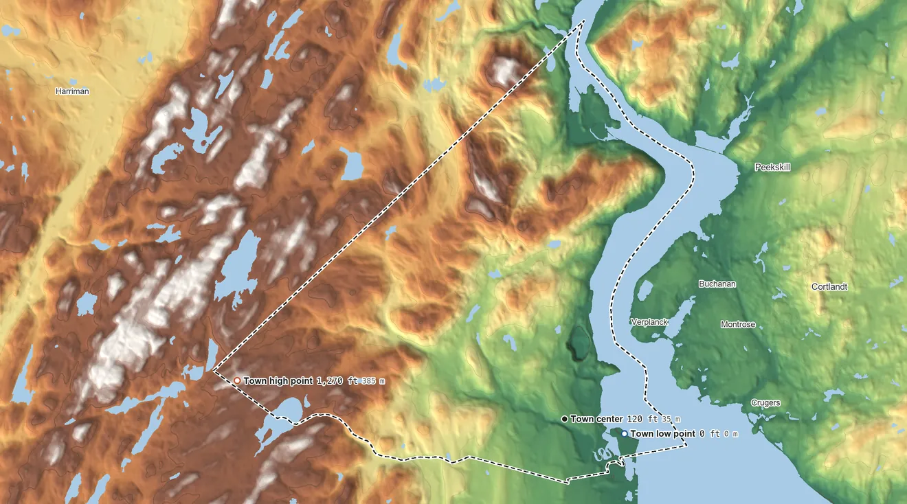 Topographic elevation map of Stony Point, New York, shaded from 0 ft near the middle to 1,270 ft on Rockhouse Mountain