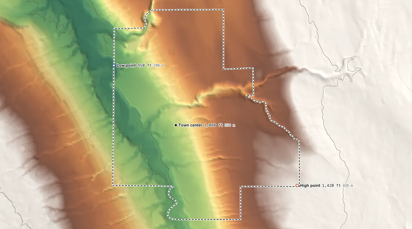 Topographic elevation map of Strykersville, New York, shaded from 950 ft on the northwest side to 1,420 ft on the southeast side