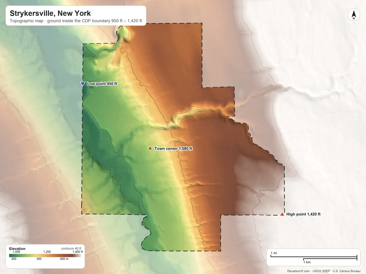 Topographic elevation map of Strykersville, New York, shaded from 950 ft on the northwest side to 1,420 ft on the southeast side