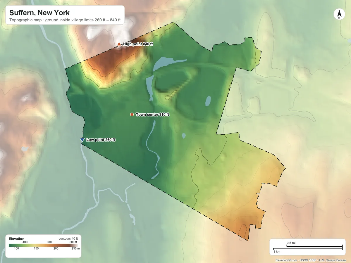 Topographic elevation map of Suffern, New York, shaded from 260 ft on the southwest side to 840 ft on the north side