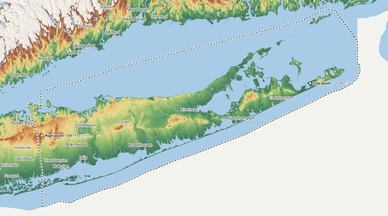 Topographic elevation map of Suffolk County, New York, shaded from 2 ft below sea level on the east side to 390 ft on High Hill