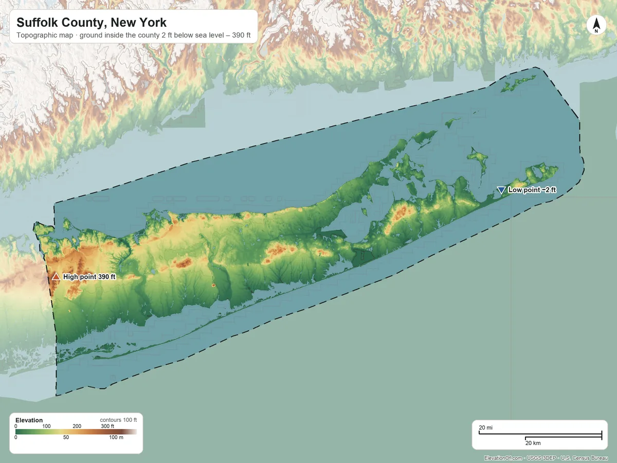 Topographic elevation map of Suffolk County, New York, shaded from 2 ft below sea level on the east side to 390 ft on High Hill