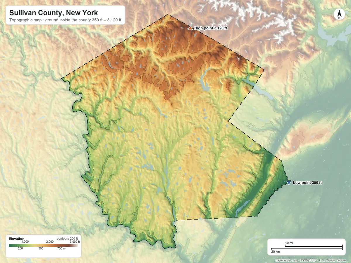 Topographic elevation map of Sullivan County, New York, shaded from 350 ft on the southeast side to 3,120 ft on the north side