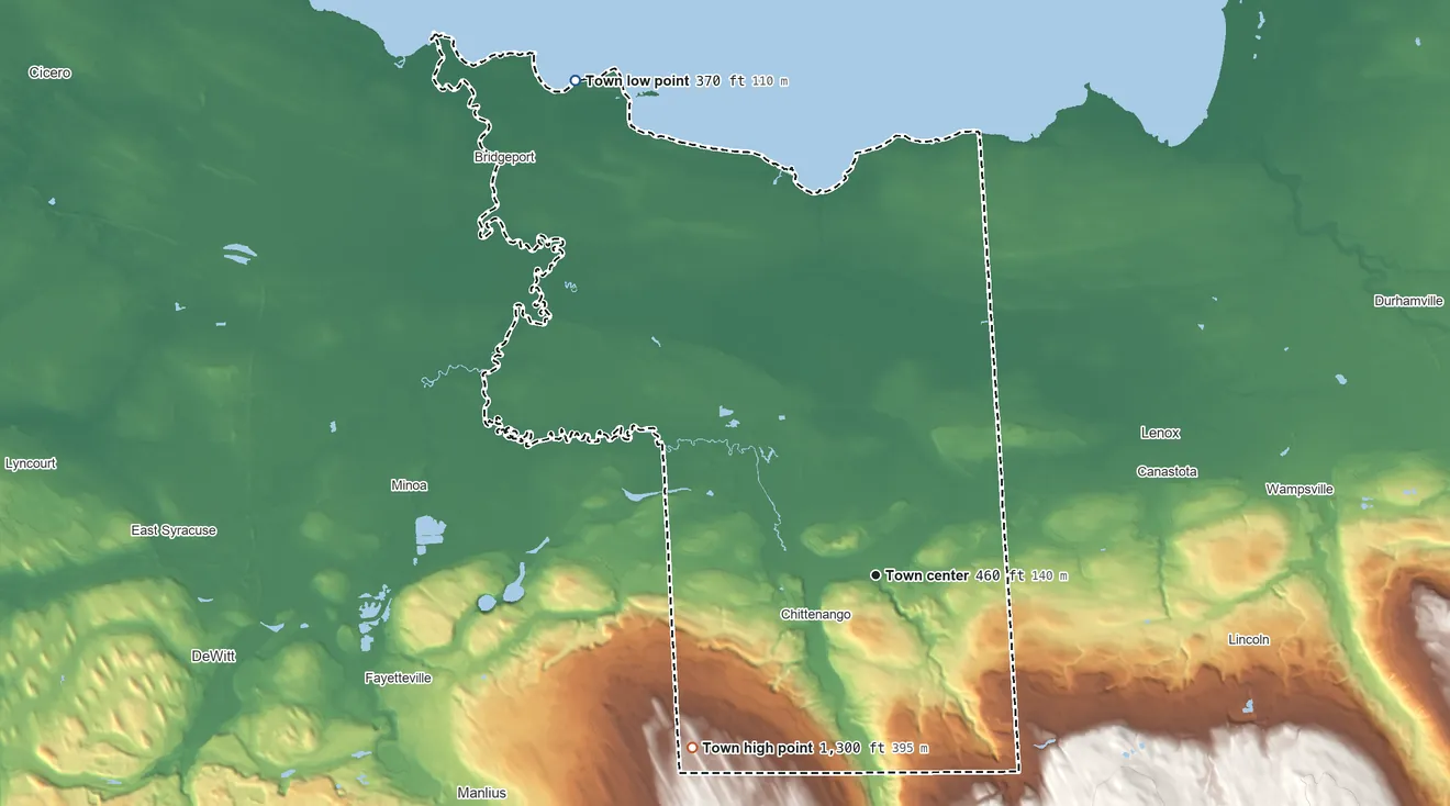 Topographic elevation map of Sullivan, New York, shaded from 370 ft on the northwest side to 1,300 ft on the southwest side