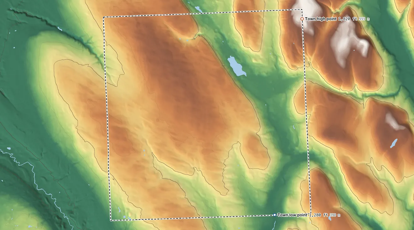 Topographic elevation map of Summerhill, New York, shaded from 1,280 ft on the southeast side to 1,820 ft on the northeast side