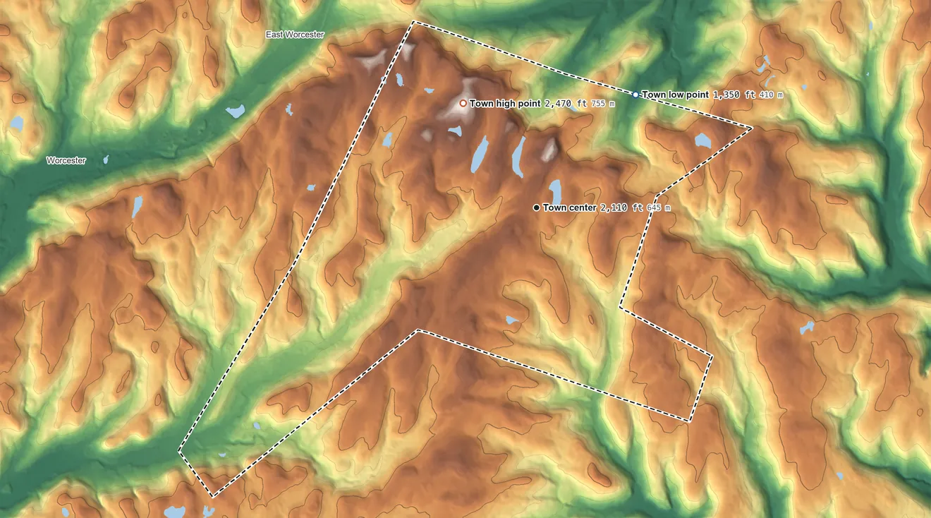 Topographic elevation map of Summit, New York, shaded from 1,350 ft on the northeast side to 2,470 ft on the northwest side