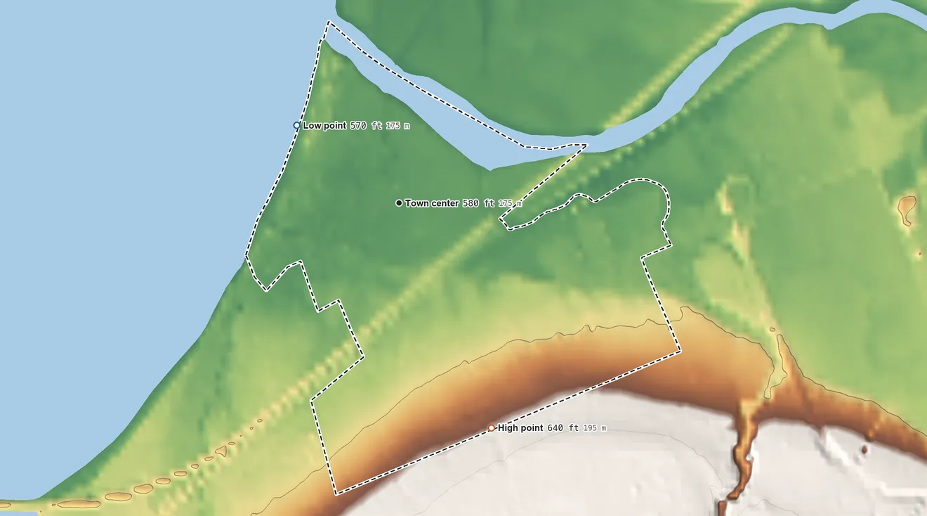 Topographic elevation map of Sunset Bay, New York, shaded from 570 ft on the northwest side to 640 ft on the south side