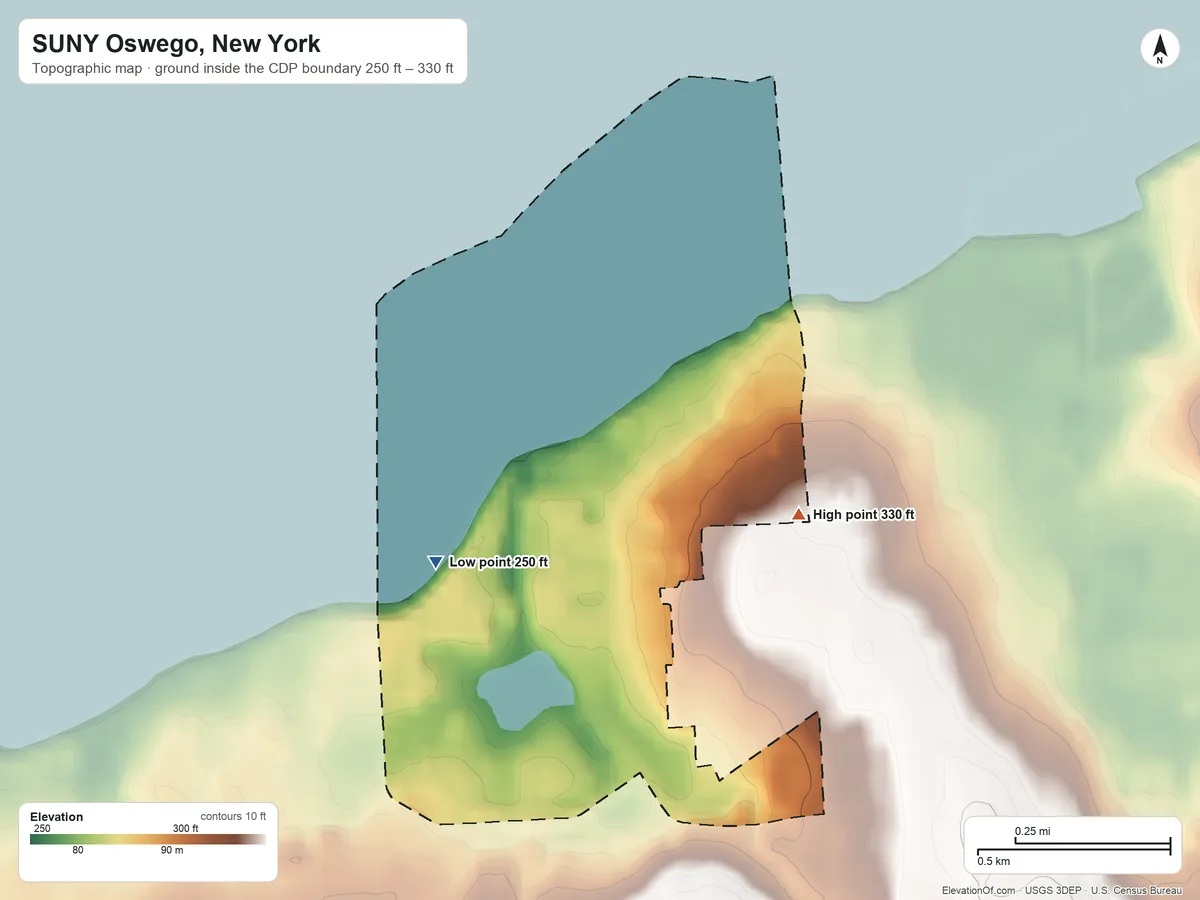 Topographic elevation map of SUNY Oswego, New York, shaded from 250 ft on the north side to 330 ft on the northeast side