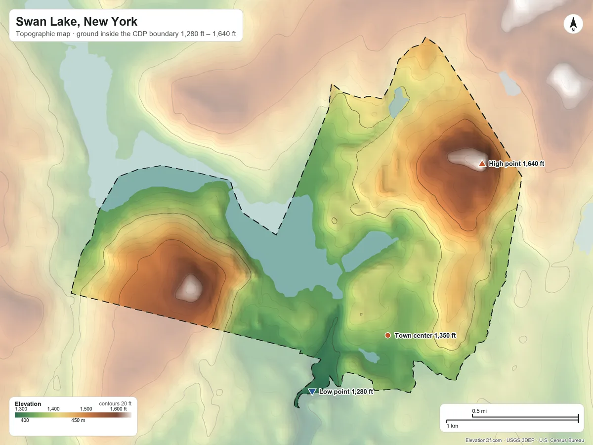 Topographic elevation map of Swan Lake, New York, shaded from 1,280 ft on the southwest side to 1,640 ft on the northeast edge, below higher ground just outside