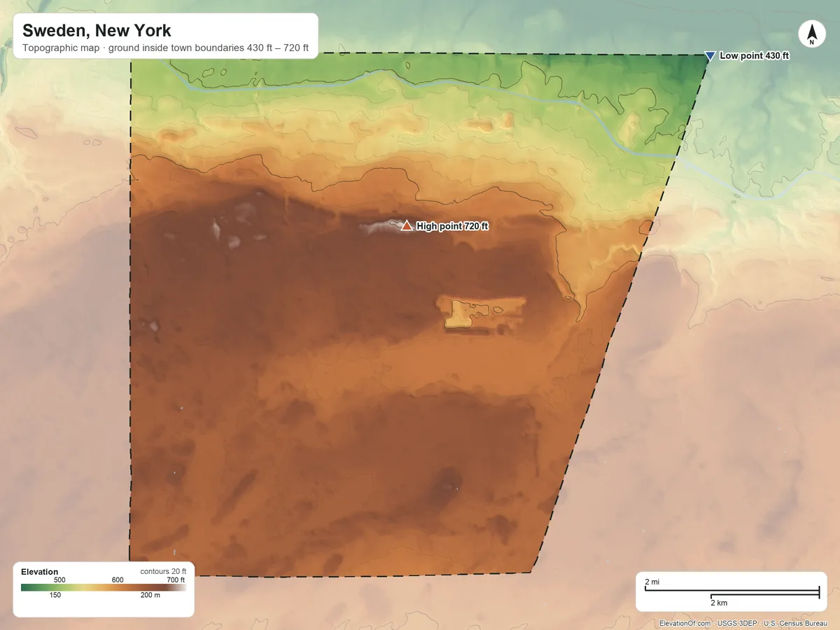 Topographic elevation map of Sweden, New York, shaded from 430 ft on the east side to 720 ft near the middle