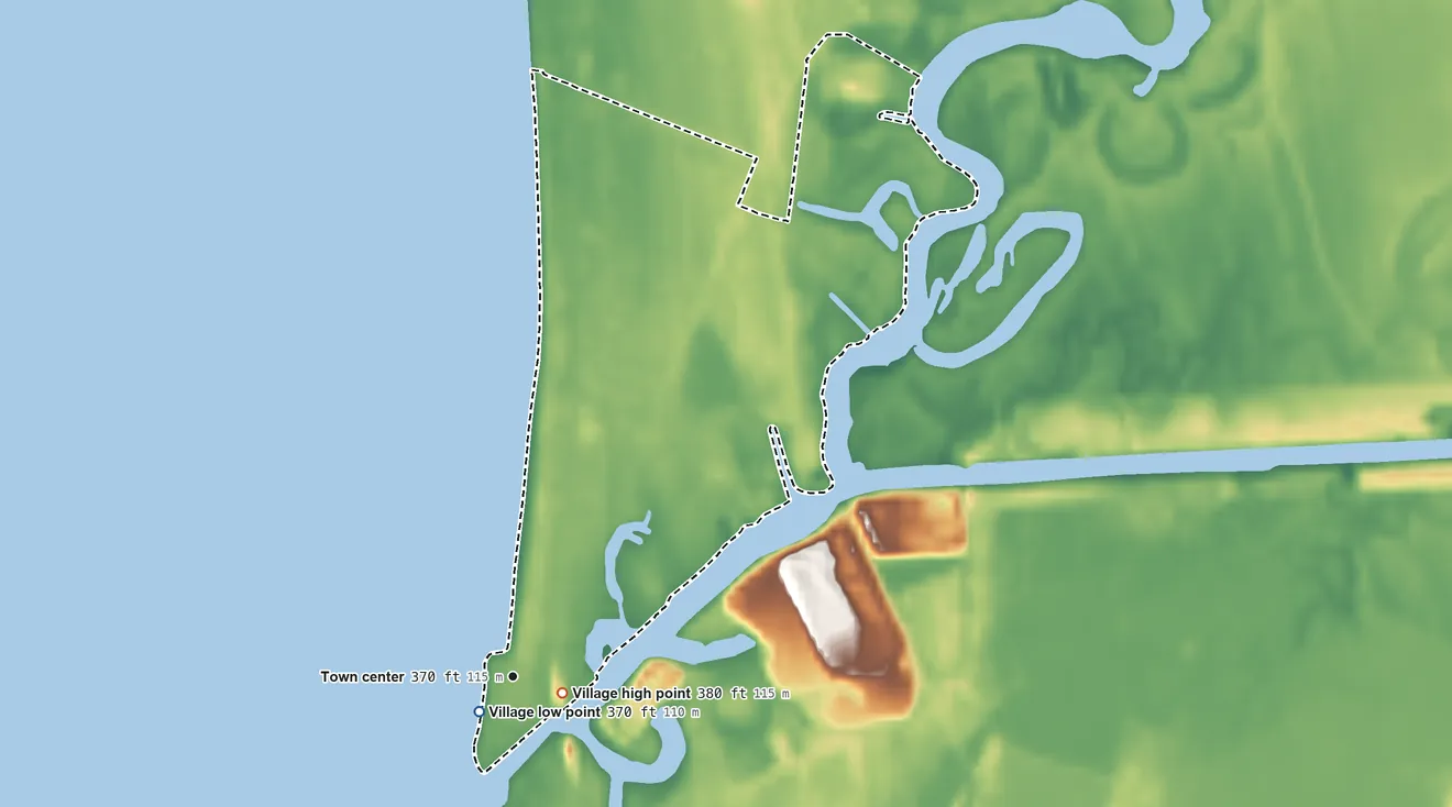 Topographic elevation map of Sylvan Beach, New York, shaded from 370 ft near the middle to 380 ft near the middle