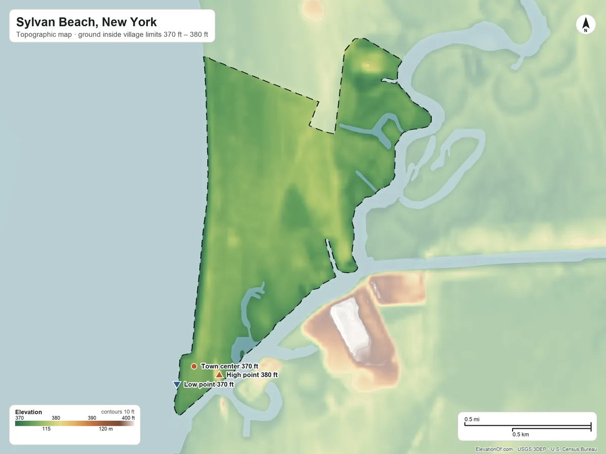 Topographic elevation map of Sylvan Beach, New York, shaded from 370 ft near the middle to 380 ft near the middle