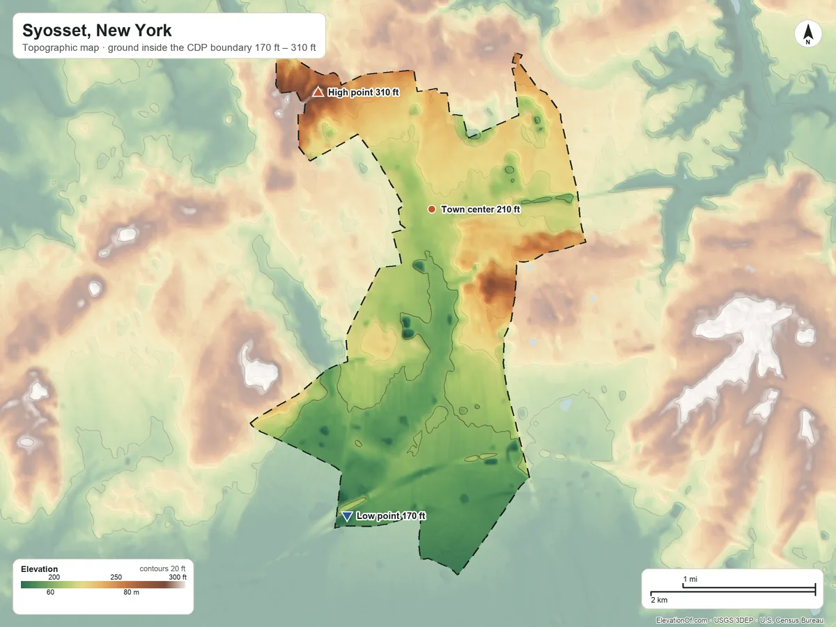 Topographic elevation map of Syosset, New York, shaded from 170 ft on the south side to 310 ft on the northwest side