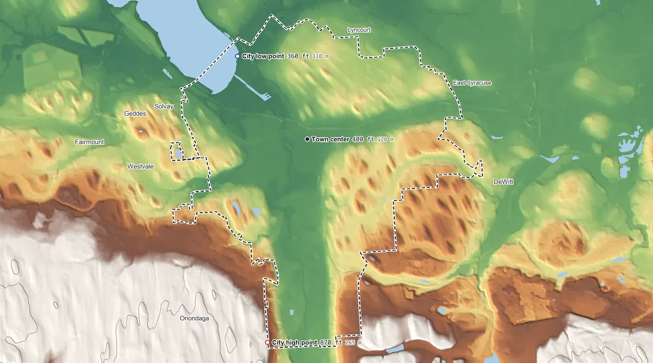 Topographic elevation map of Syracuse, New York, shaded from 360 ft on the northwest side to 870 ft on the south edge, below higher ground just outside