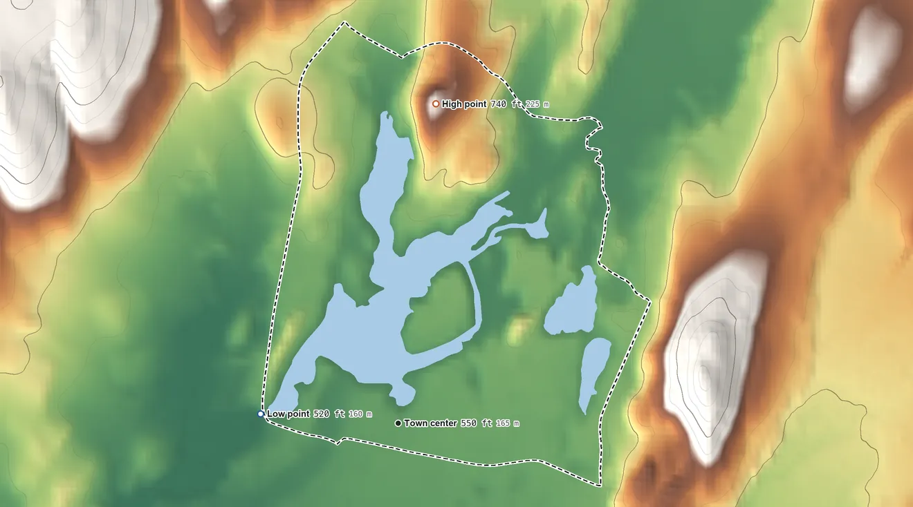 Topographic elevation map of Taconic Shores, New York, shaded from 520 ft on the west side to 740 ft on the north edge, below higher ground just outside