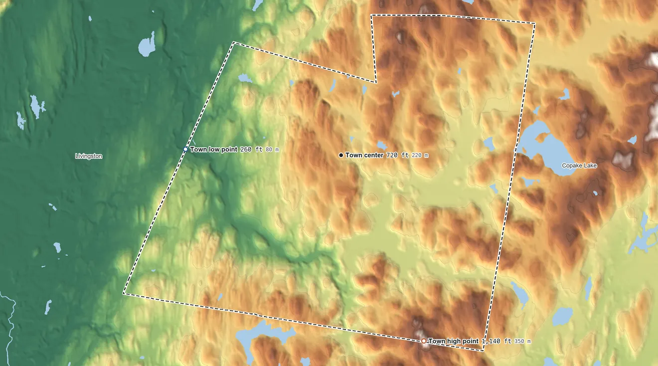 Topographic elevation map of Taghkanic, New York, shaded from 260 ft on the west side to 1,140 ft on the southeast side