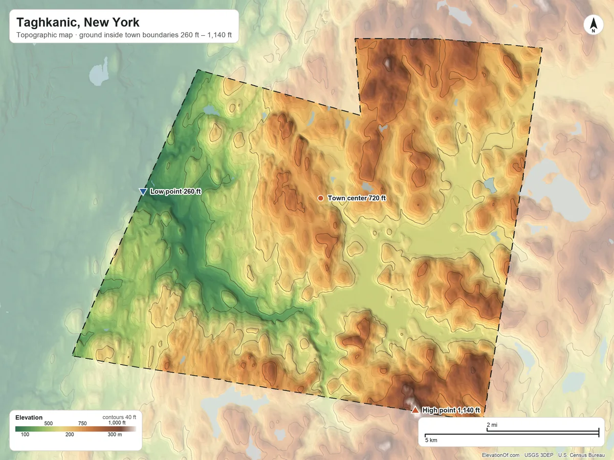 Topographic elevation map of Taghkanic, New York, shaded from 260 ft on the west side to 1,140 ft on the southeast side