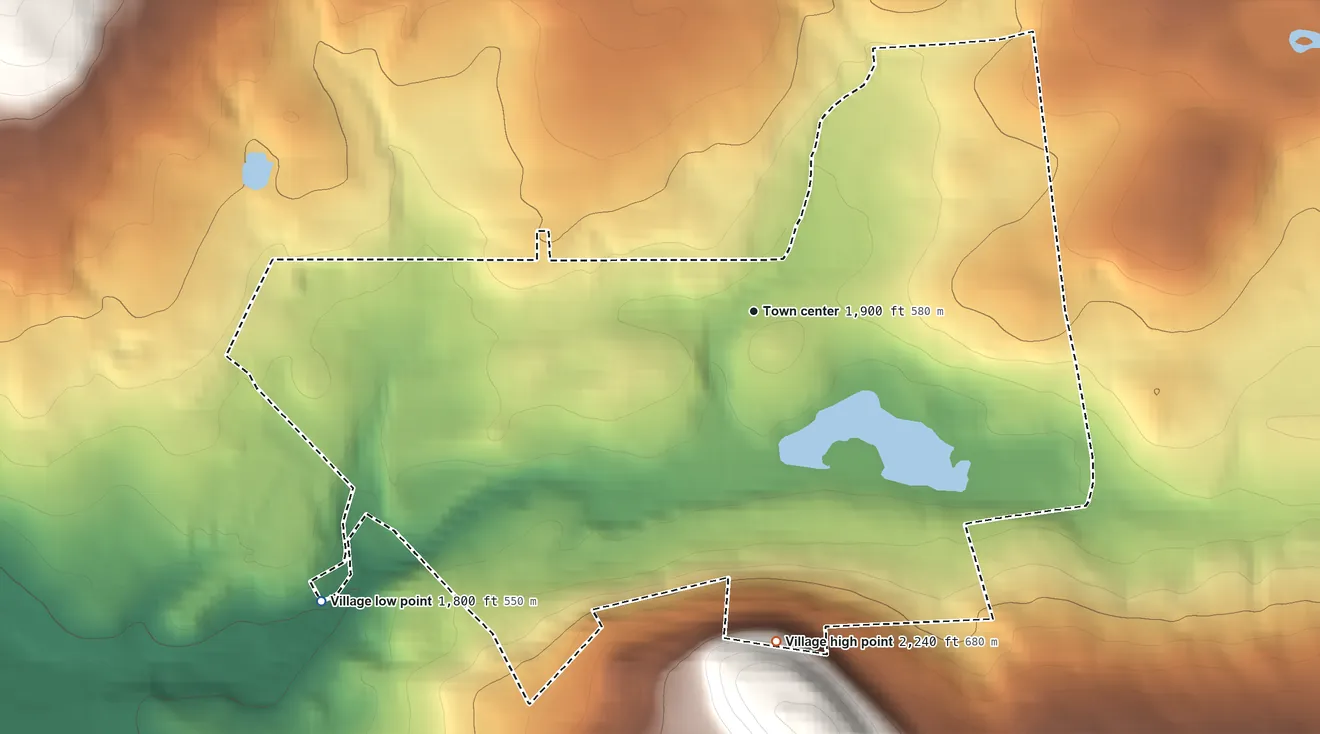 Topographic elevation map of Tannersville, New York, shaded from 1,800 ft on the southwest side to 2,240 ft at the foot of the Blackhead Mountains