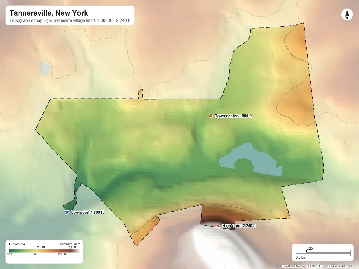 Topographic elevation map of Tannersville, New York, shaded from 1,800 ft on the southwest side to 2,240 ft at the foot of the Blackhead Mountains
