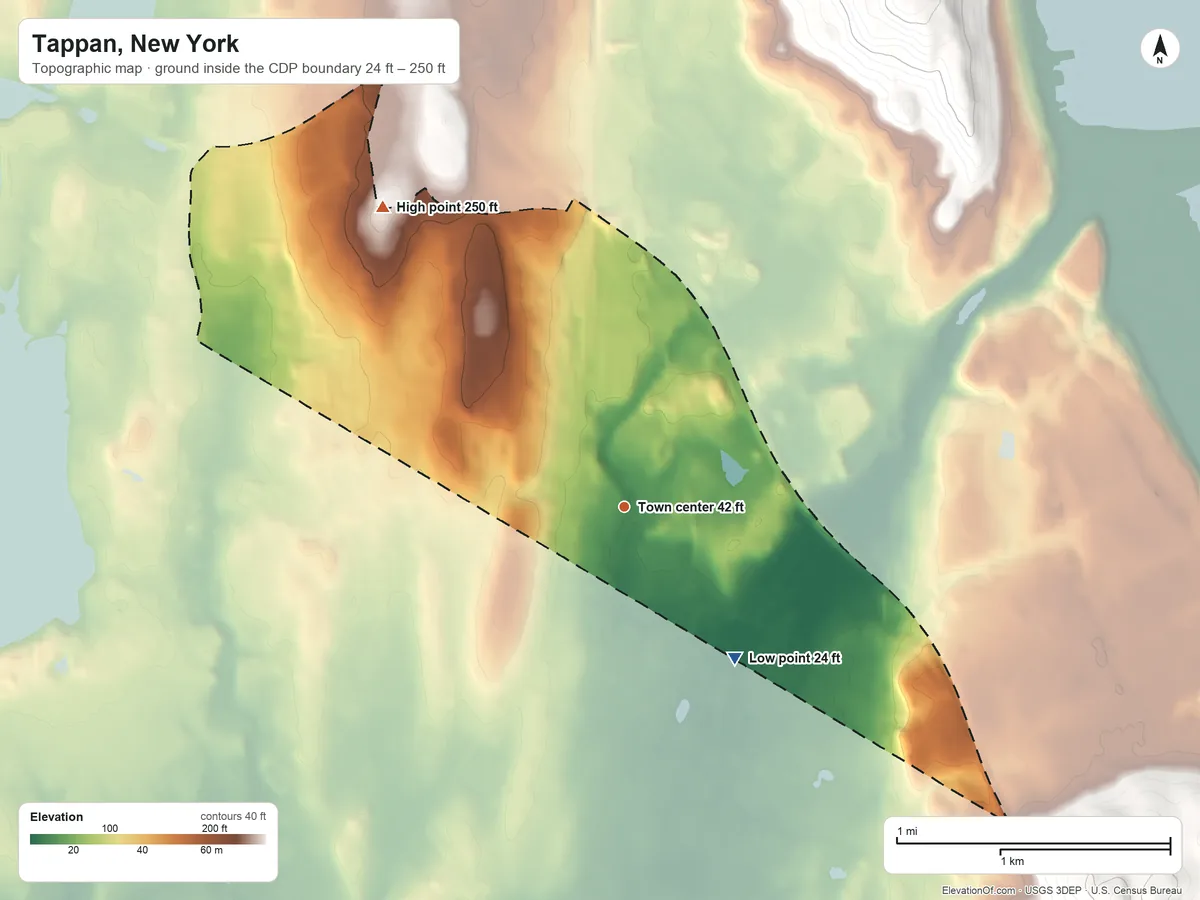 Topographic elevation map of Tappan, New York, shaded from 24 ft on the southeast side to 250 ft on the northwest side