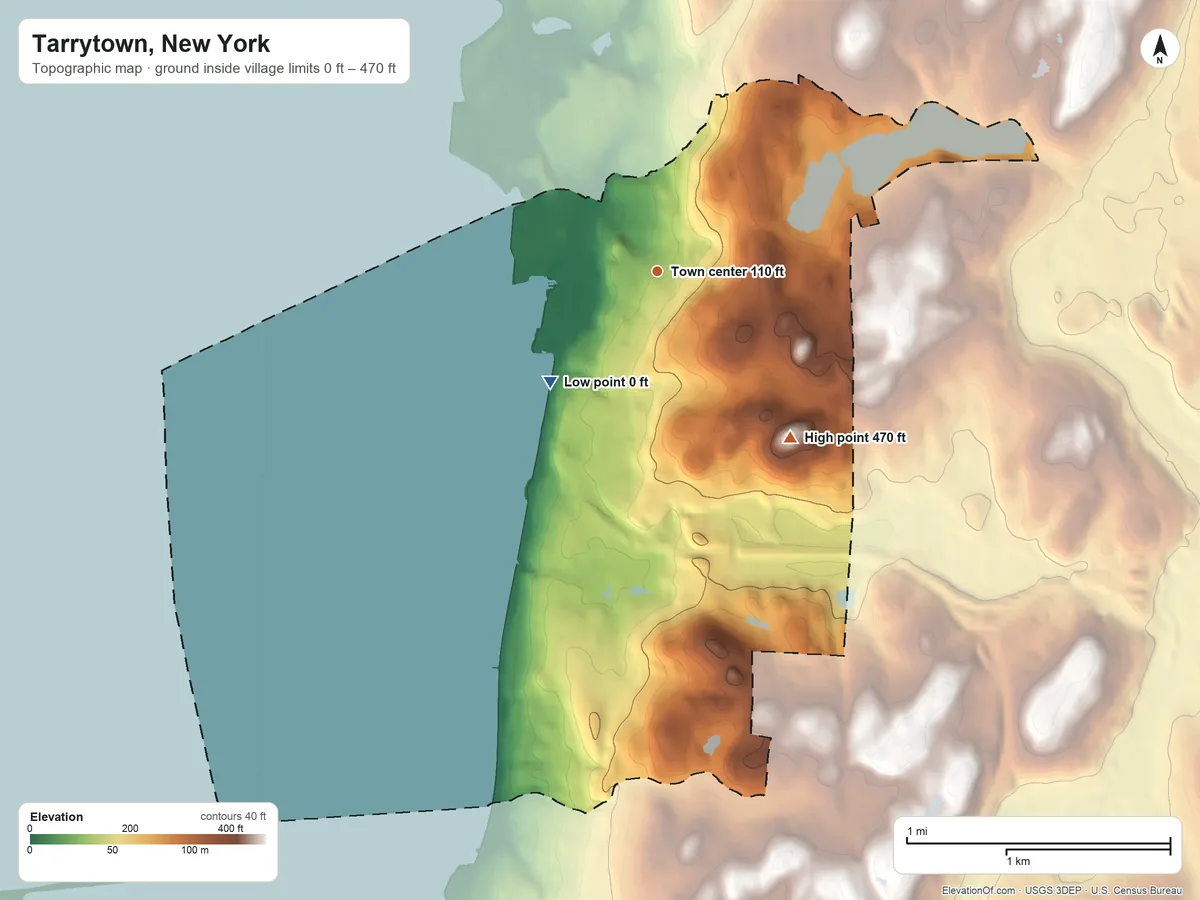 Topographic elevation map of Tarrytown, New York, shaded from 0 ft on the southwest side to 470 ft on the southeast side