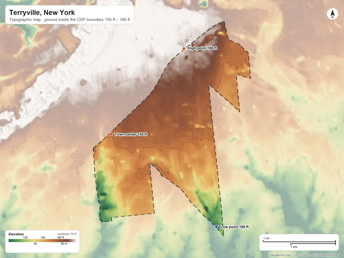 Topographic elevation map of Terryville, New York, shaded from 100 ft on the southeast side to 180 ft on the northeast side
