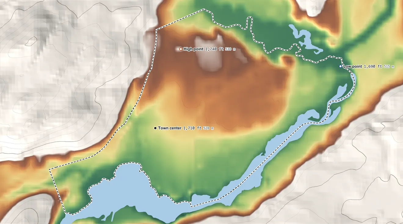 Topographic elevation map of Thendara, New York, shaded from 1,690 ft on the east side to 1,740 ft on the north edge, below higher ground just outside