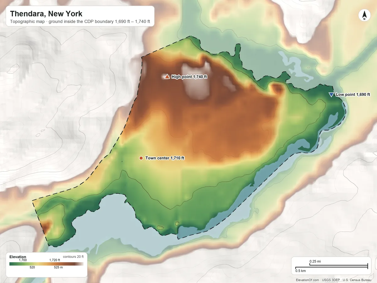 Topographic elevation map of Thendara, New York, shaded from 1,690 ft on the east side to 1,740 ft on the north edge, below higher ground just outside