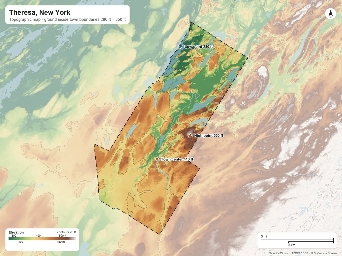 Topographic elevation map of Theresa, New York, shaded from 280 ft on the north side to 550 ft on the northeast side