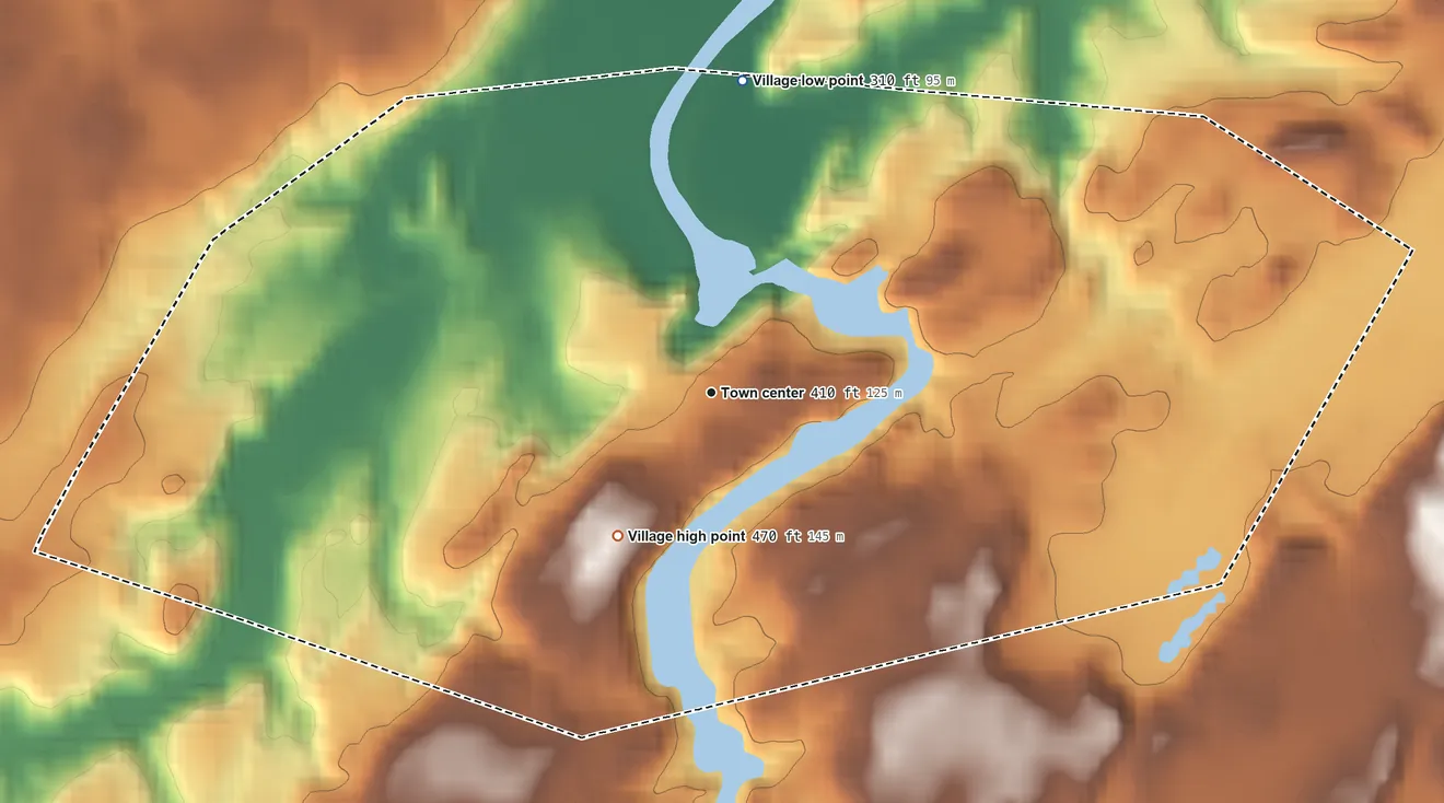 Topographic elevation map of Village of Theresa, New York, shaded from 310 ft on the north side to 470 ft on the southwest side