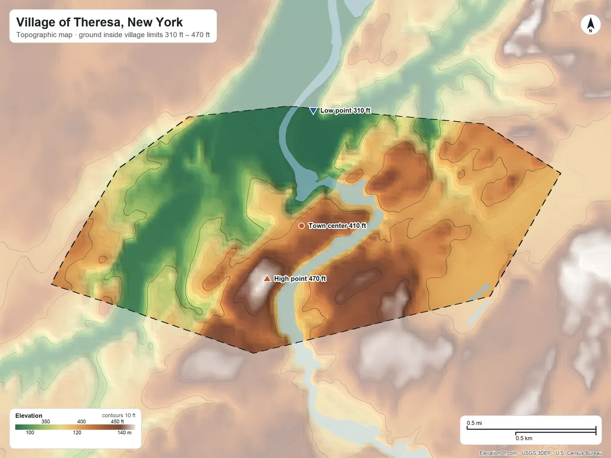 Topographic elevation map of Village of Theresa, New York, shaded from 310 ft on the north side to 470 ft on the southwest side