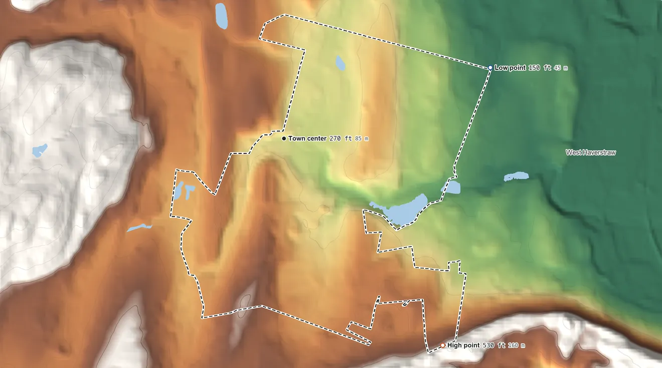 Topographic elevation map of Thiells, New York, shaded from 150 ft on the east side to 530 ft on the southeast side
