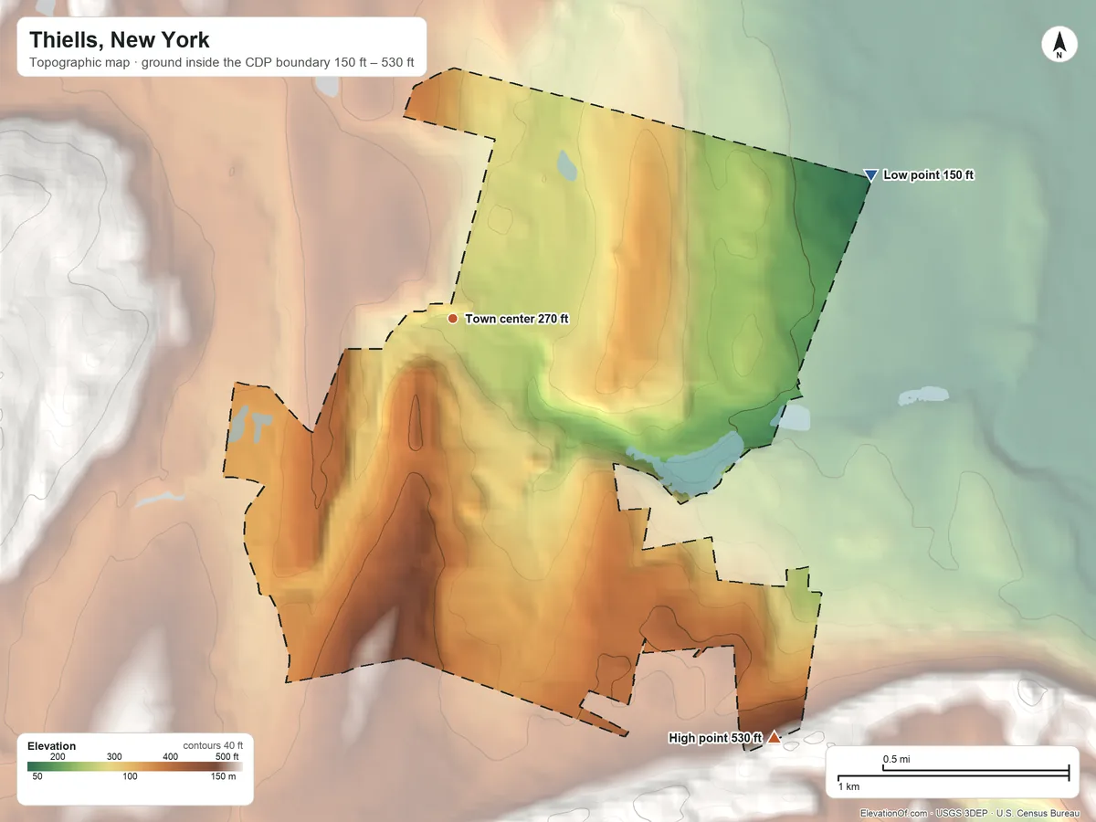 Topographic elevation map of Thiells, New York, shaded from 150 ft on the east side to 530 ft on the southeast side