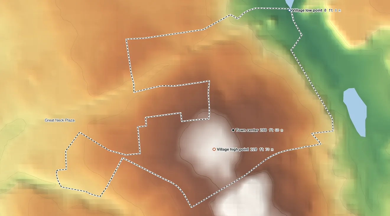 Topographic elevation map of Thomaston, New York, shaded from sea level level on Manhasset Bay to 220 ft near the middle