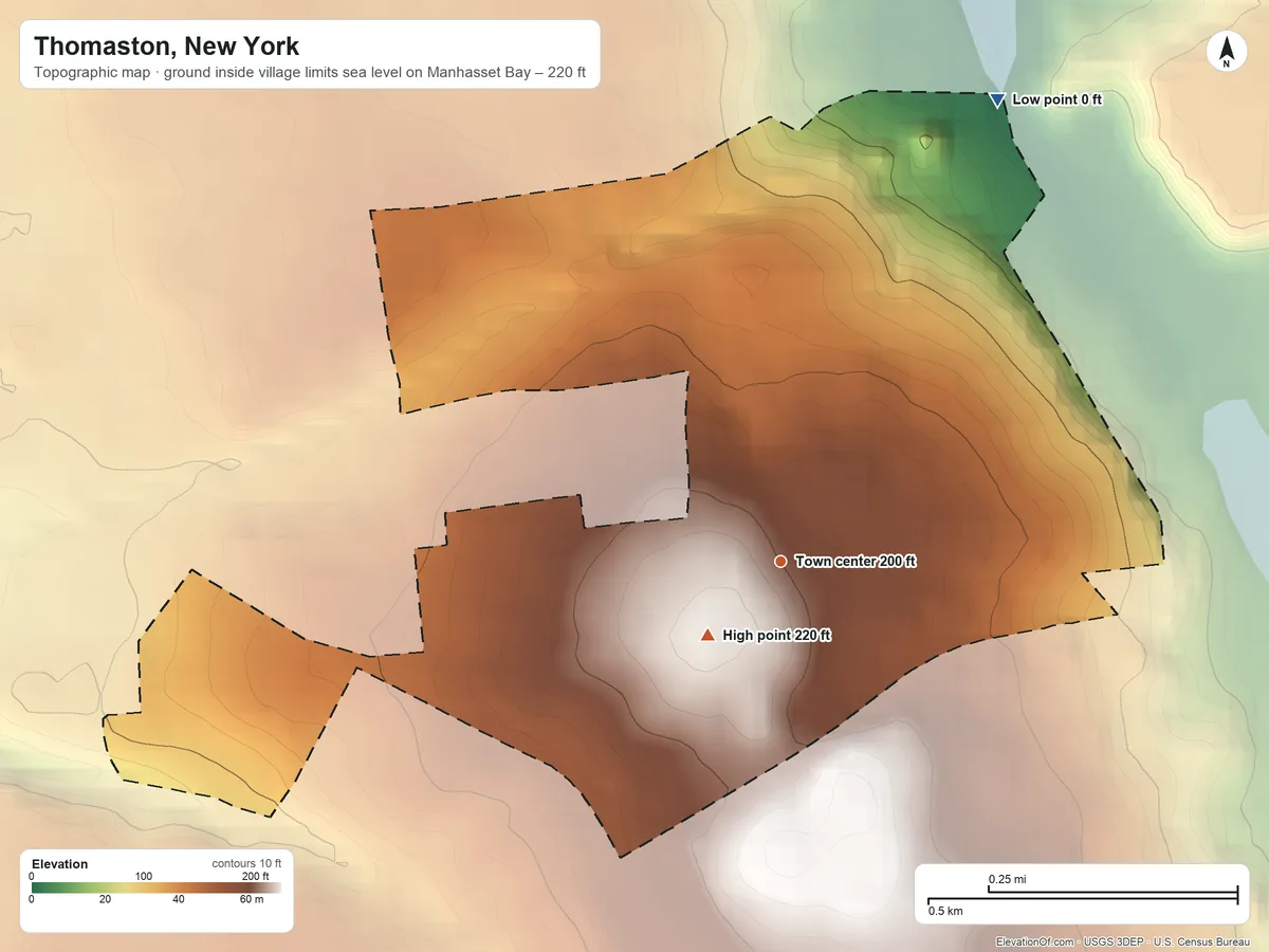 Topographic elevation map of Thomaston, New York, shaded from sea level level on Manhasset Bay to 220 ft near the middle