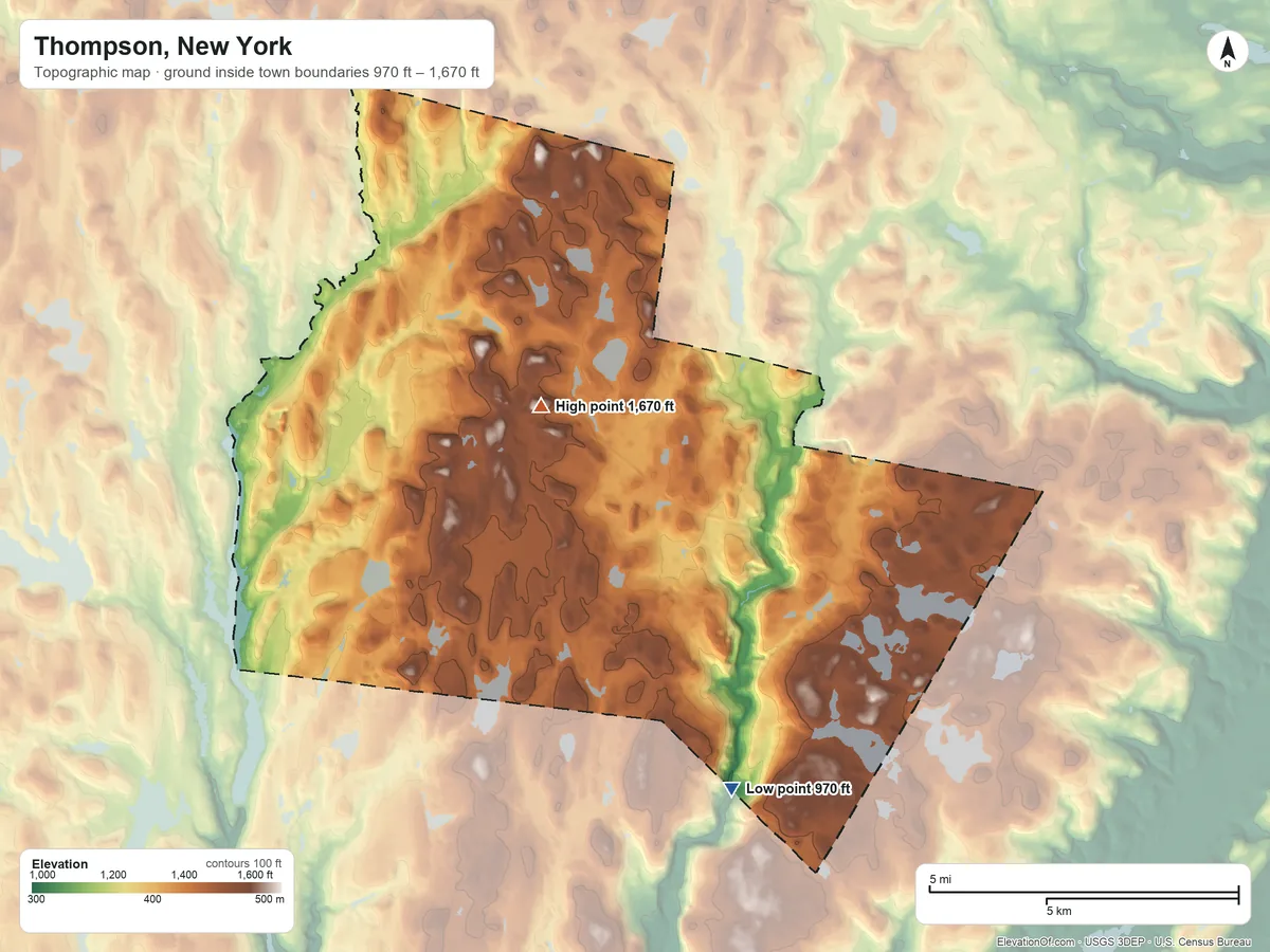 Topographic elevation map of Thompson, New York, shaded from 970 ft on the southeast side to 1,670 ft near the middle