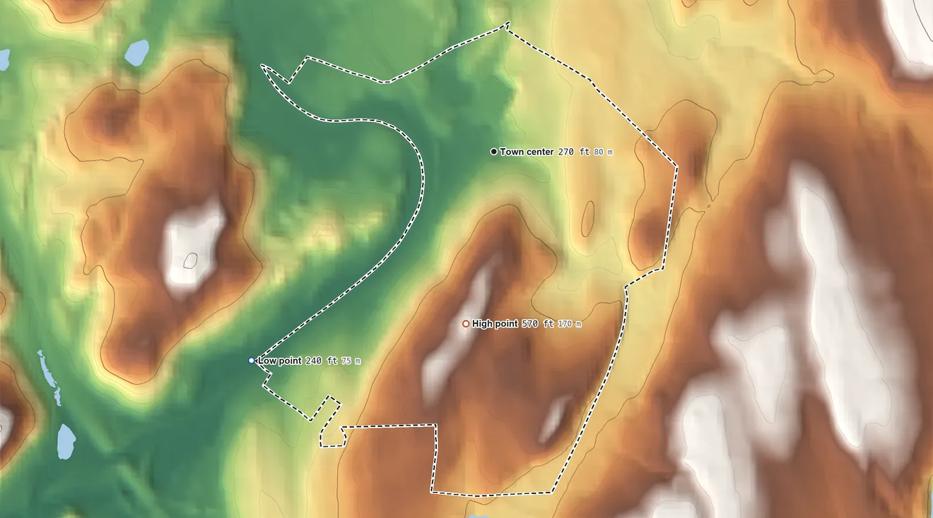 Topographic elevation map of Thornwood, New York, shaded from 240 ft on the southwest side to 570 ft on the south side