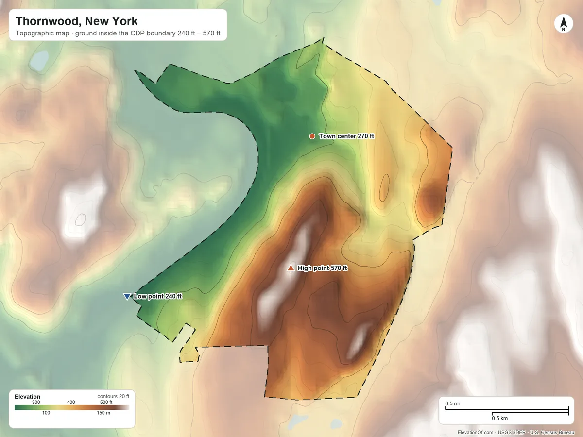 Topographic elevation map of Thornwood, New York, shaded from 240 ft on the southwest side to 570 ft on the south side