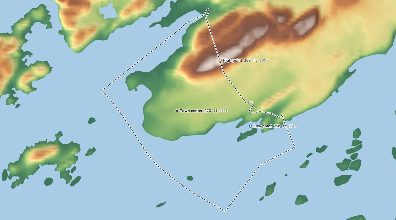 Topographic elevation map of Thousand Island Park, New York, shaded from 250 ft on the east side to 360 ft on the northeast side