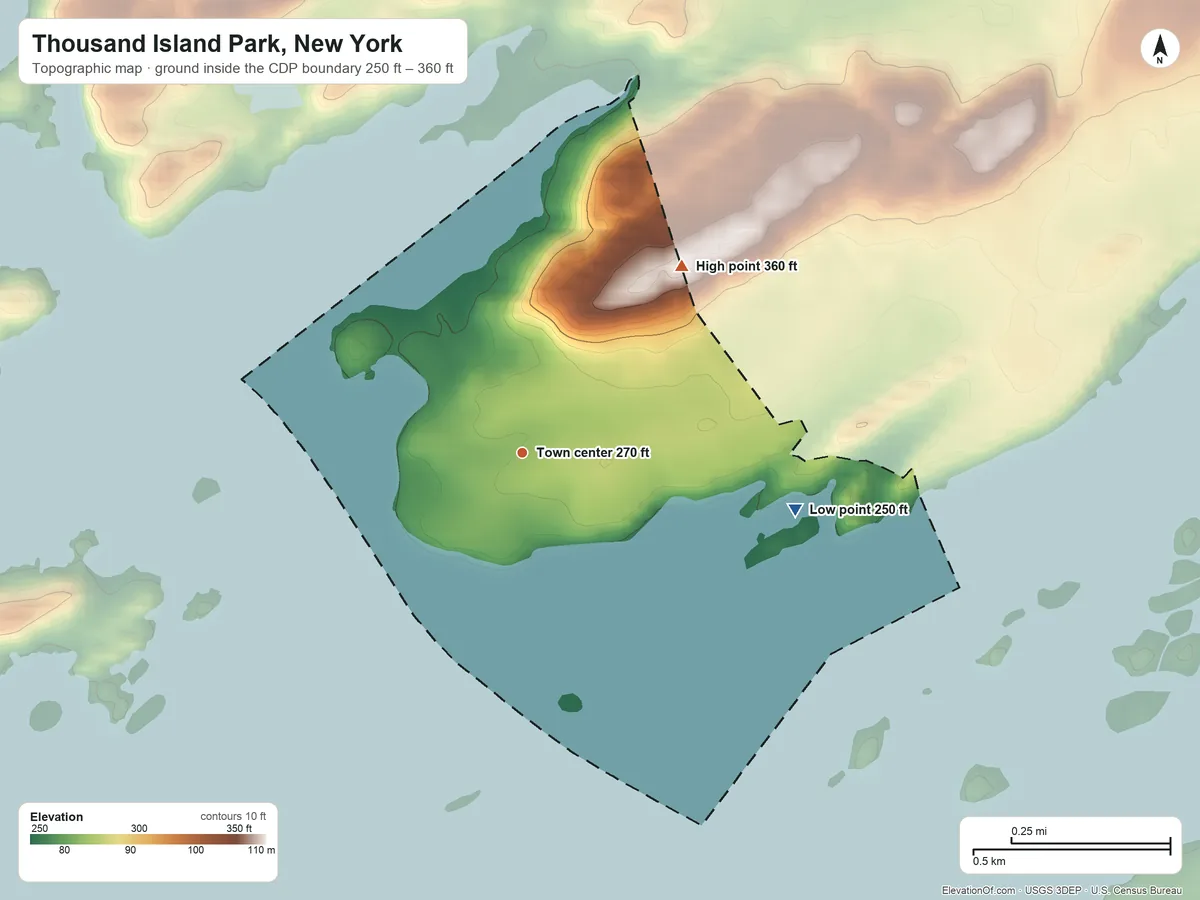 Topographic elevation map of Thousand Island Park, New York, shaded from 250 ft on the east side to 360 ft on the northeast side