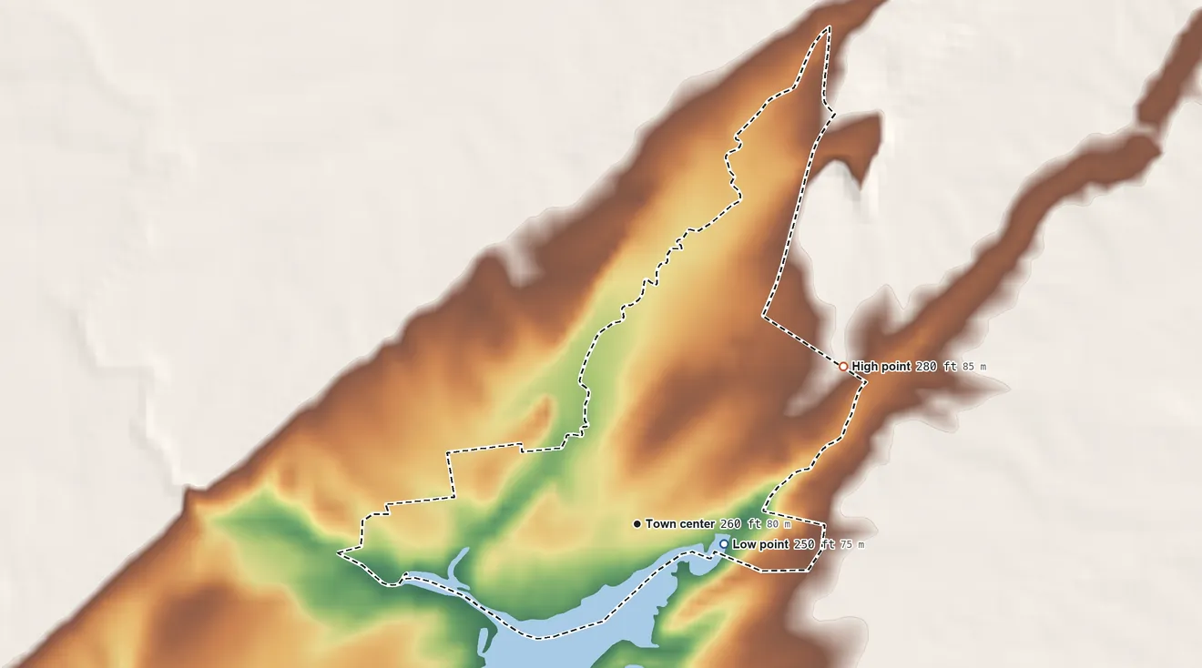 Topographic elevation map of Three Mile Bay, New York, shaded from 250 ft on the east side to 280 ft on the northeast side