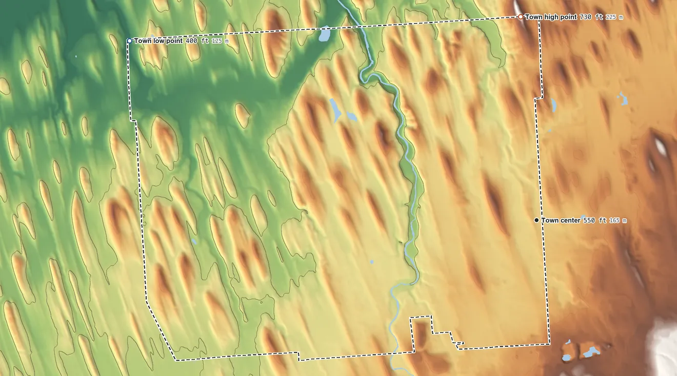 Topographic elevation map of Throop, New York, shaded from 400 ft on the northwest side to 730 ft on the north side