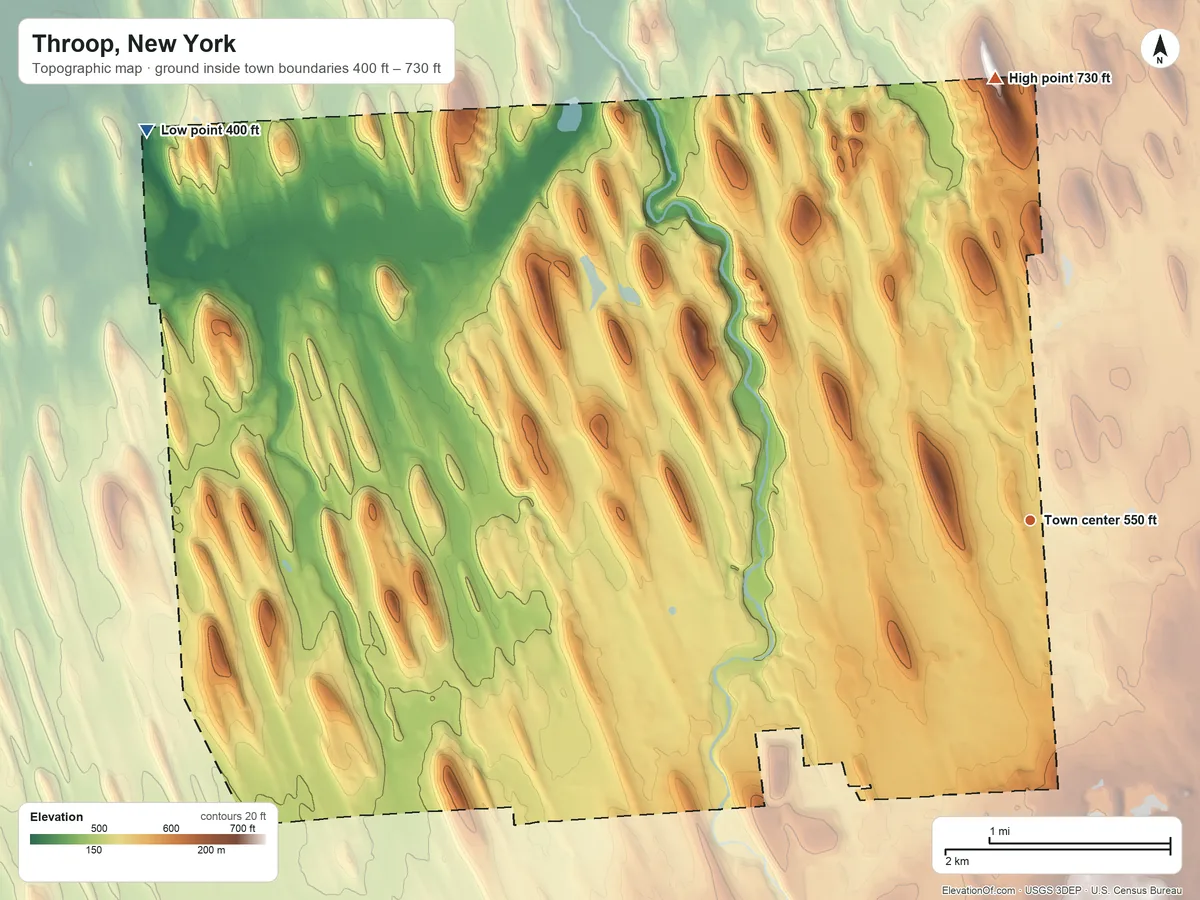 Topographic elevation map of Throop, New York, shaded from 400 ft on the northwest side to 730 ft on the north side
