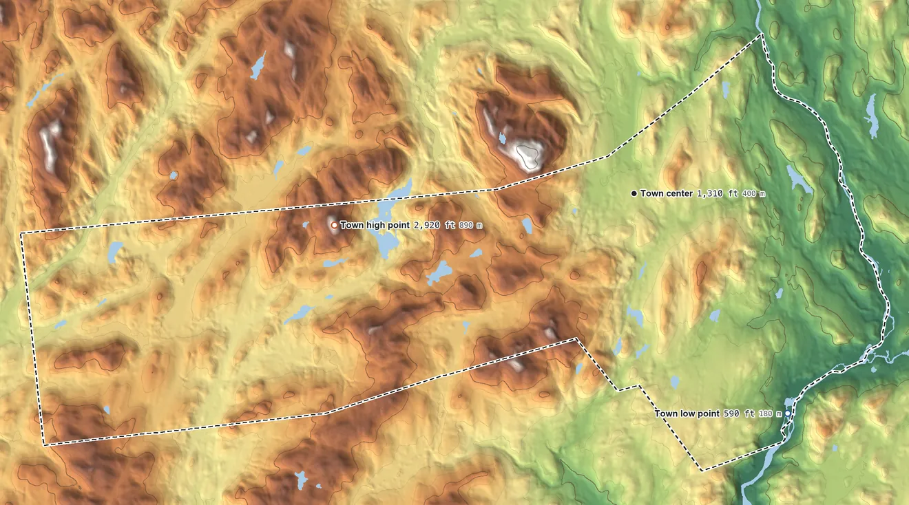Topographic elevation map of Thurman, New York, shaded from 590 ft on the southeast side to 2,920 ft on Mount Blue