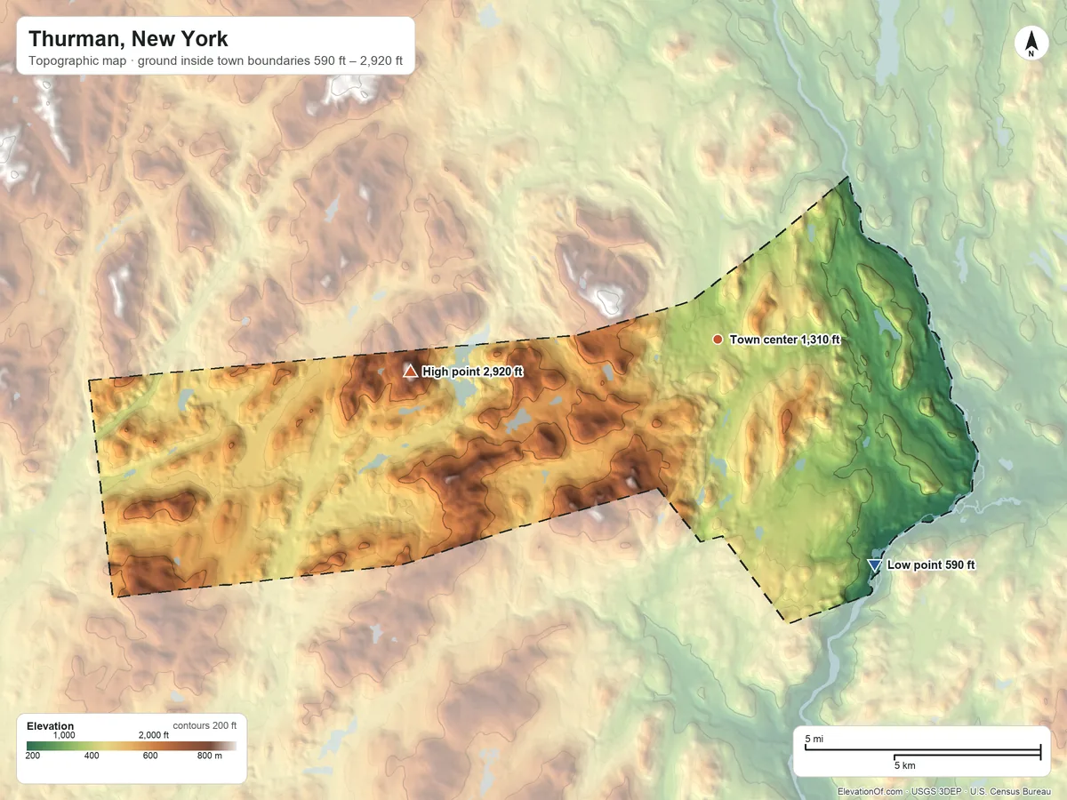 Topographic elevation map of Thurman, New York, shaded from 590 ft on the southeast side to 2,920 ft on Mount Blue