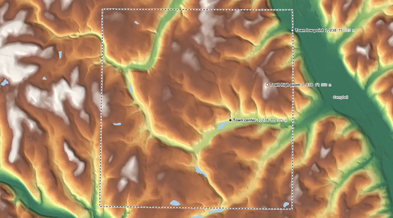 Topographic elevation map of Thurston, New York, shaded from 1,030 ft on the northeast side to 1,830 ft on the northeast side
