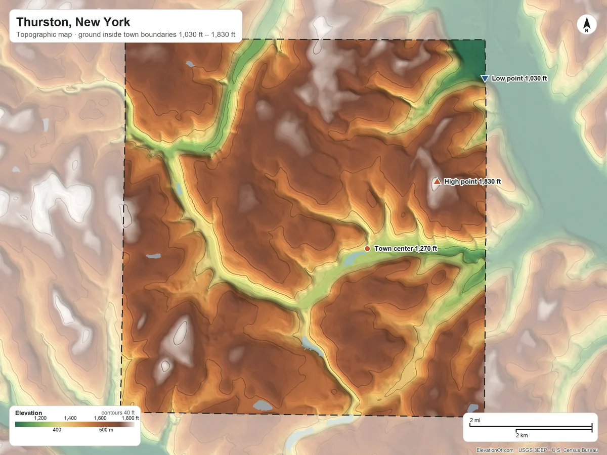 Topographic elevation map of Thurston, New York, shaded from 1,030 ft on the northeast side to 1,830 ft on the northeast side