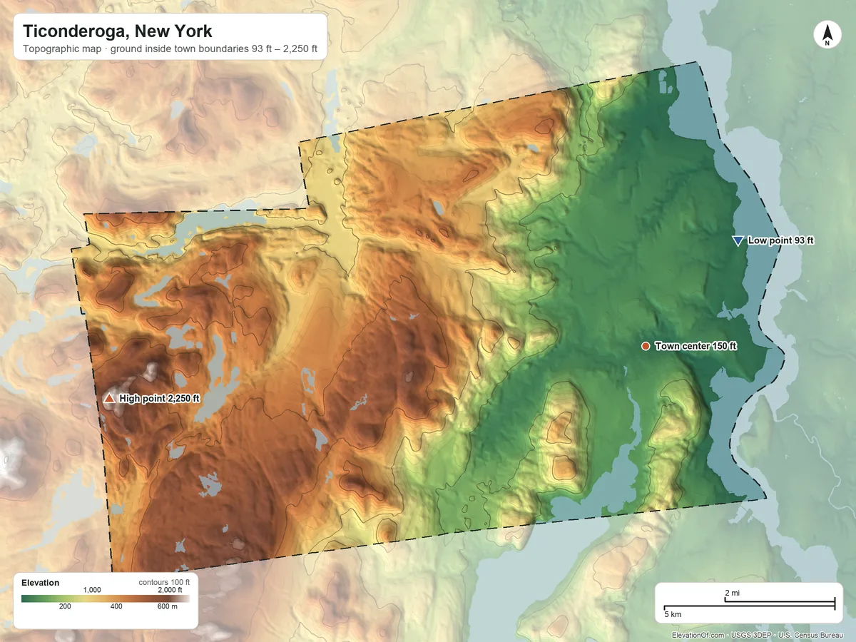 Topographic elevation map of Ticonderoga, New York, shaded from 93 ft on the northeast side to 2,250 ft on Treadway Mountain
