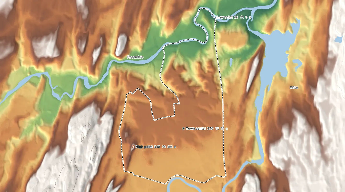 Topographic elevation map of Tillson, New York, shaded from 16 ft on the north side to 340 ft at the foot of the Marlboro Mountains